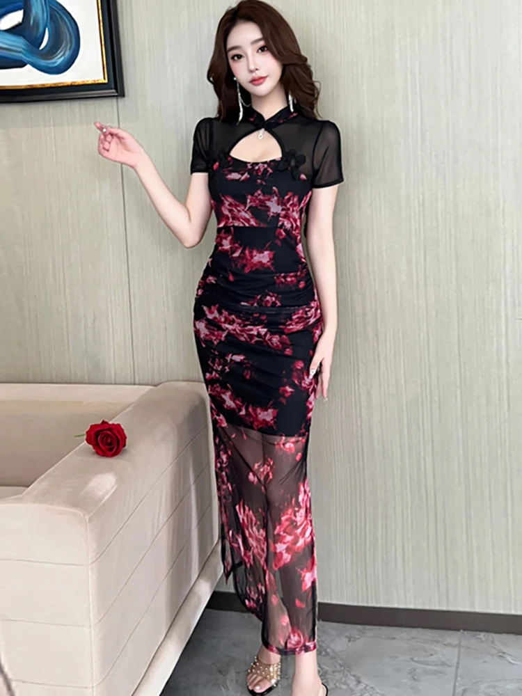 

Summer Black Mesh Floral Hollow Out Stand Collar Dress Women Vintage Elegant Cheongsam Dress 2025 Korean Bodycon Evening Dresses