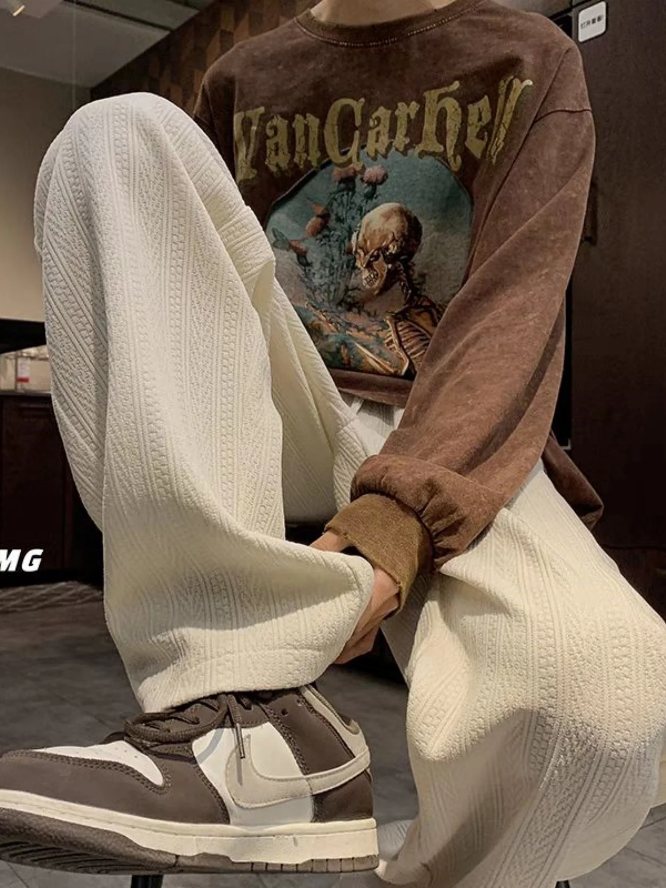 Pantaloni vintage a gamba larga in tinta unita da donna, nuovo stile autunno e inverno, foderati in pile, ispessiti, a vita alta, drappeggiati, casual, larghi, caldi, versatili, rilassati