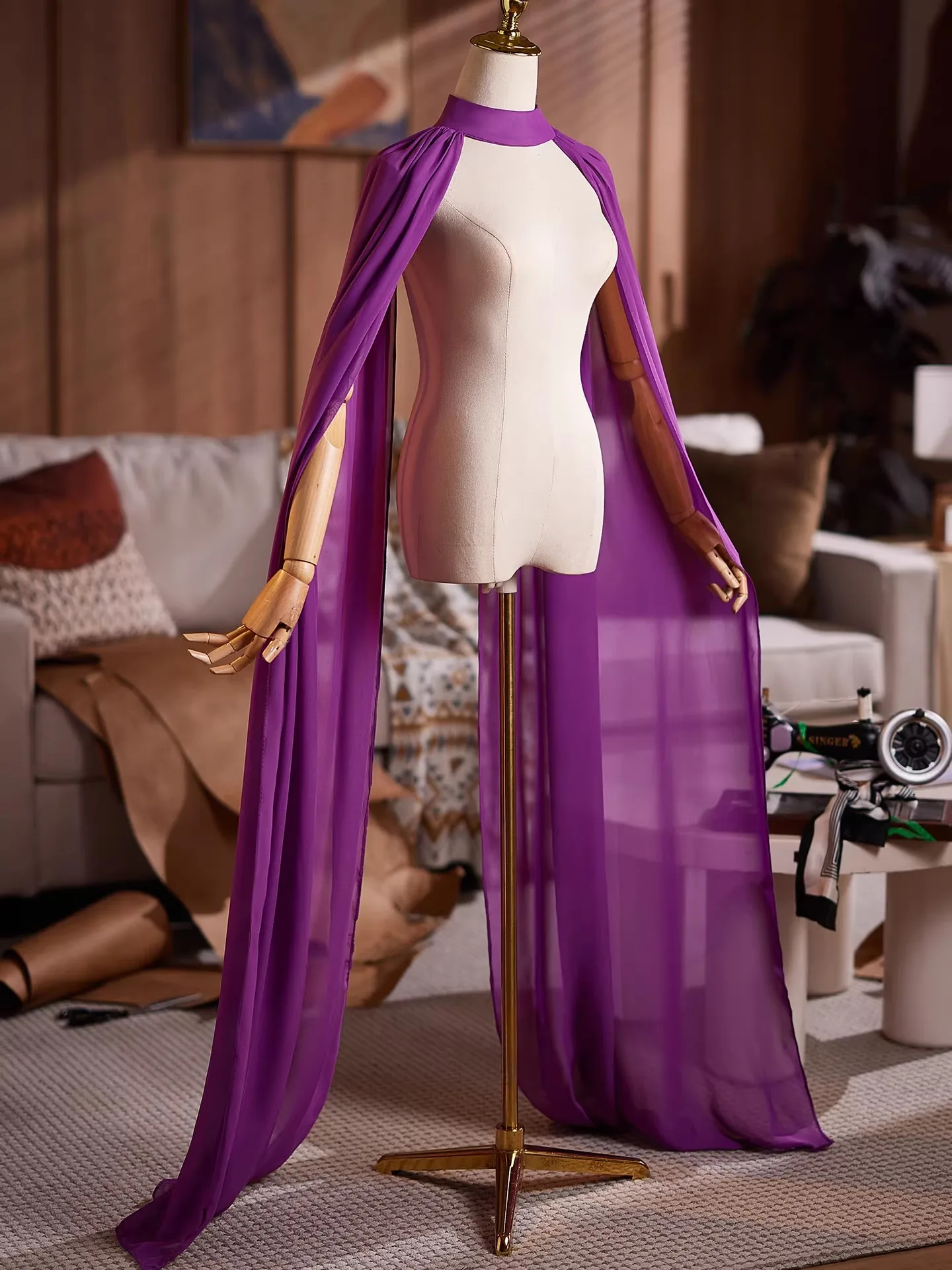 

Women's Luxury Long Purple Mesh Pashmina Female Performance Show Party Shawl Cloak Collar R3190