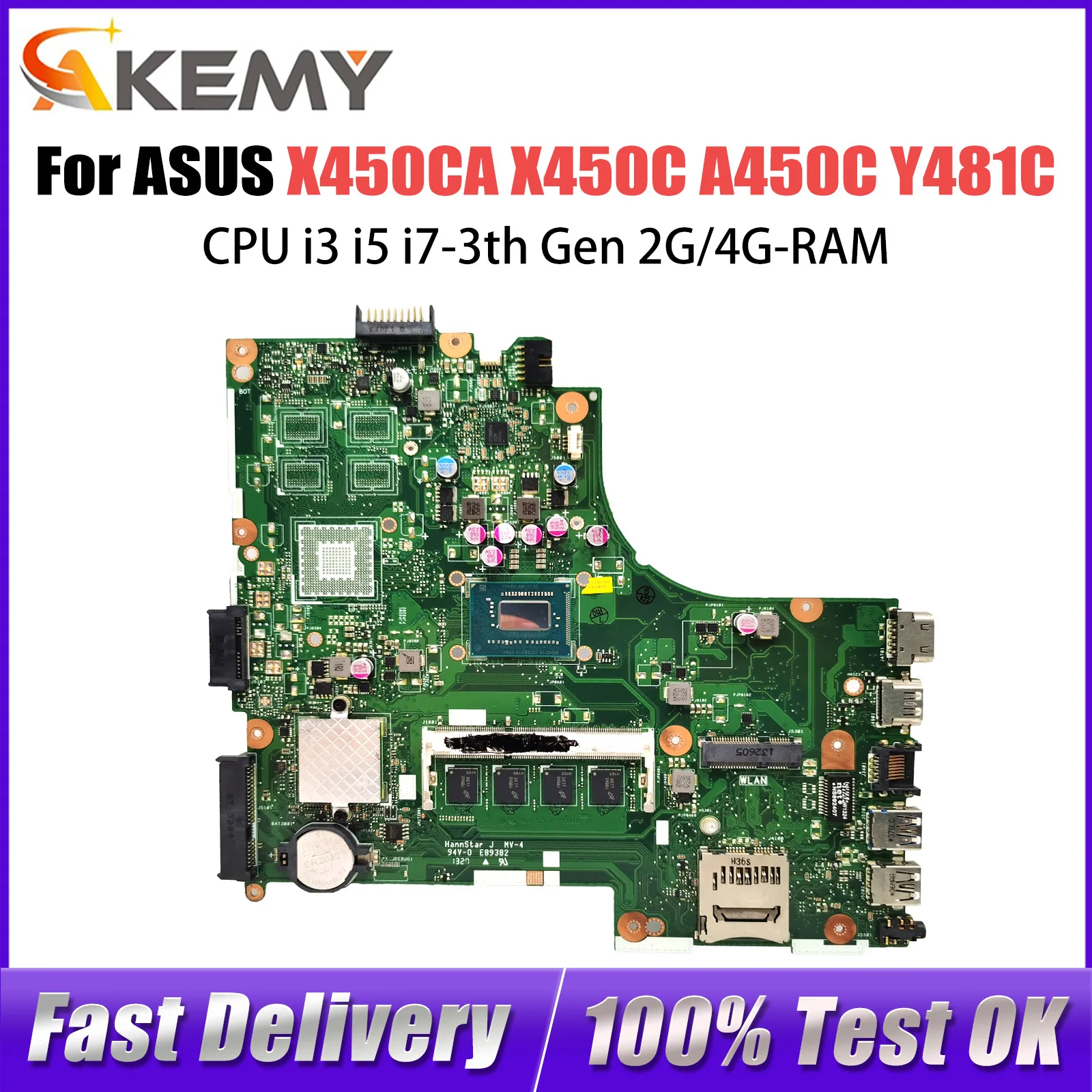 X450CA Mainboard For ASUS X450CC X450C A450C Y481C Laptop Motherboard With CPU i3 i5 i7-3th Gen 2G/4G-RAM 100% Tested OK