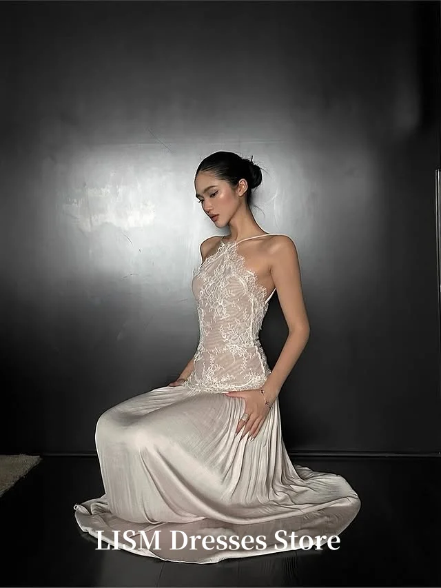 LISM Halter A-Line Evening Dresses Silk Lace Satin Backless Long Elegant Prom Dresses Customized robe de soirée Party Dresses