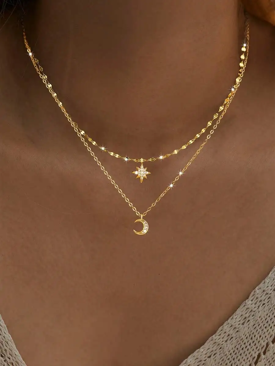 

Double Layer Star And Moon Pendant Necklace For Women Elegant Fashion Jewelry