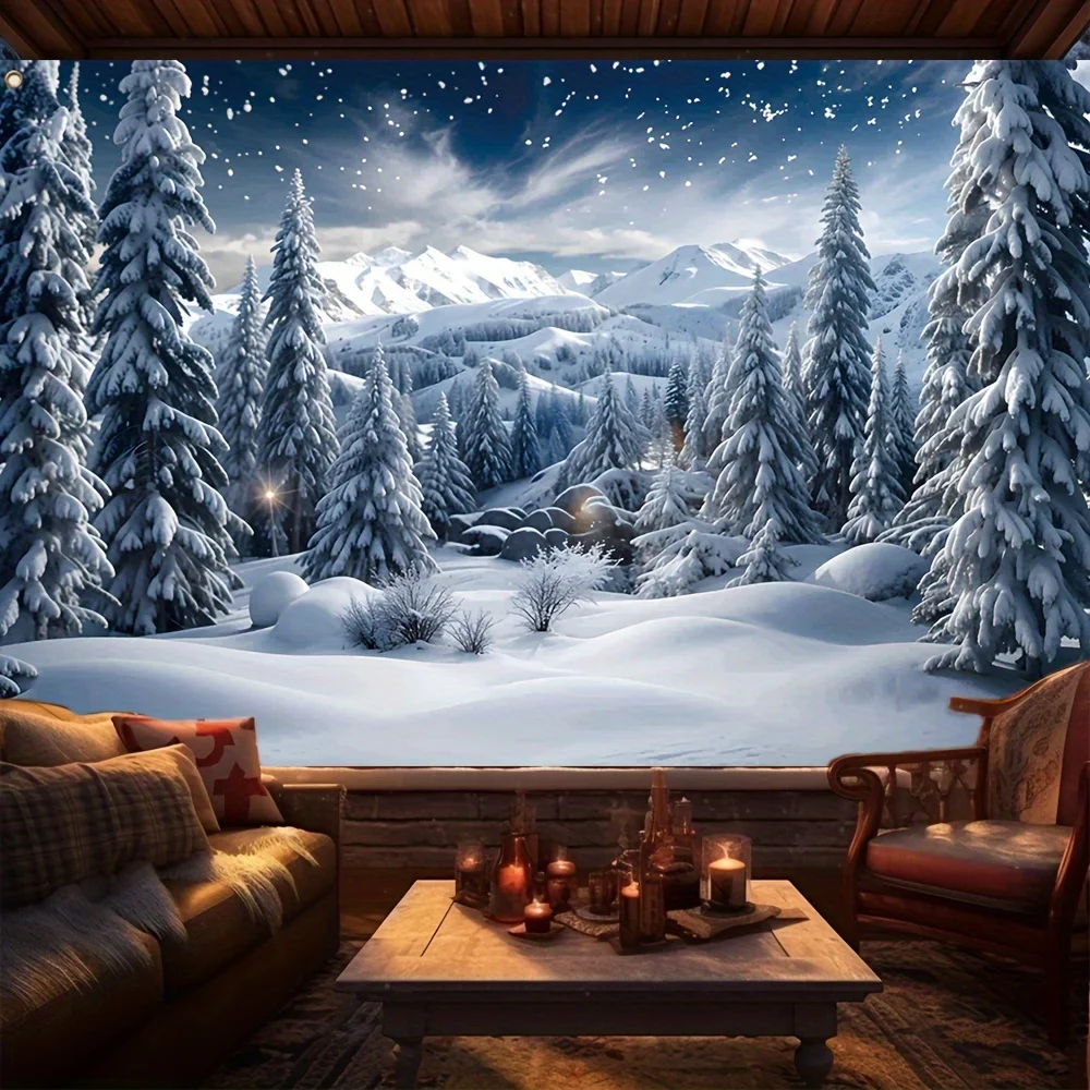 tapiz1 pancarta de fondo navideño, poliéster duradero, jungla de colina nevada, arte de pared de vacaciones de invierno, decoración para el hogar y al aire libre