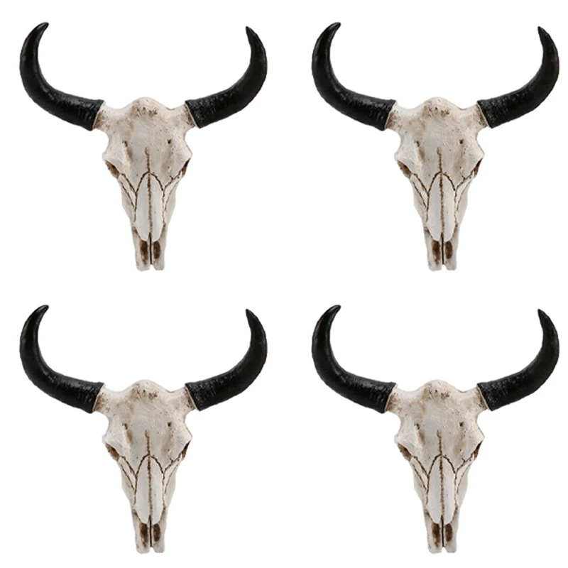 

4X Resin Longhorn Cow Skull Head Wall Hanging Decor 3D Animal Wildlife Sculpture Figurines Crafts Horns For Home Decor