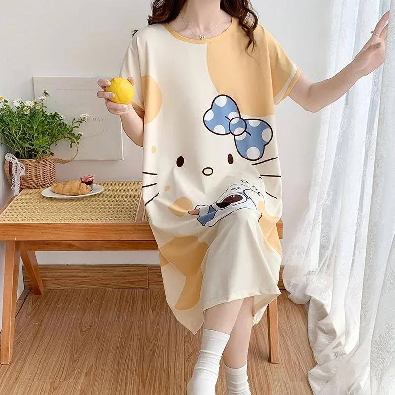 サンリオパジャマ女性の夏の新しいライトイエローハローキティパジャマドレス薄い緩いカジュアルな大きいサイズの学生部屋着