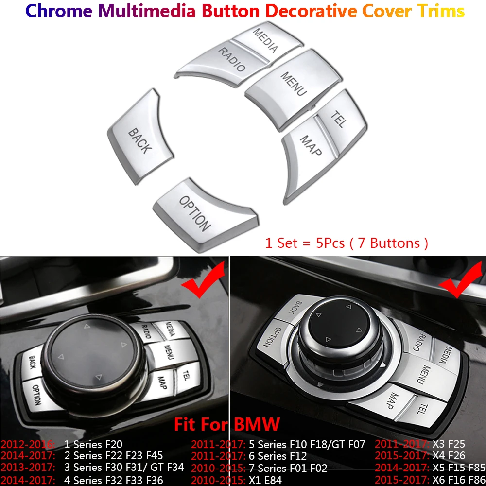 

Chrome Car Multimedia Switch Button Cover Trim For BMW 5 6 7 GT X3 X4 F10 F07 F11 F18 F01 F02 F06 F12 F13 F25 F26 Interior Inner