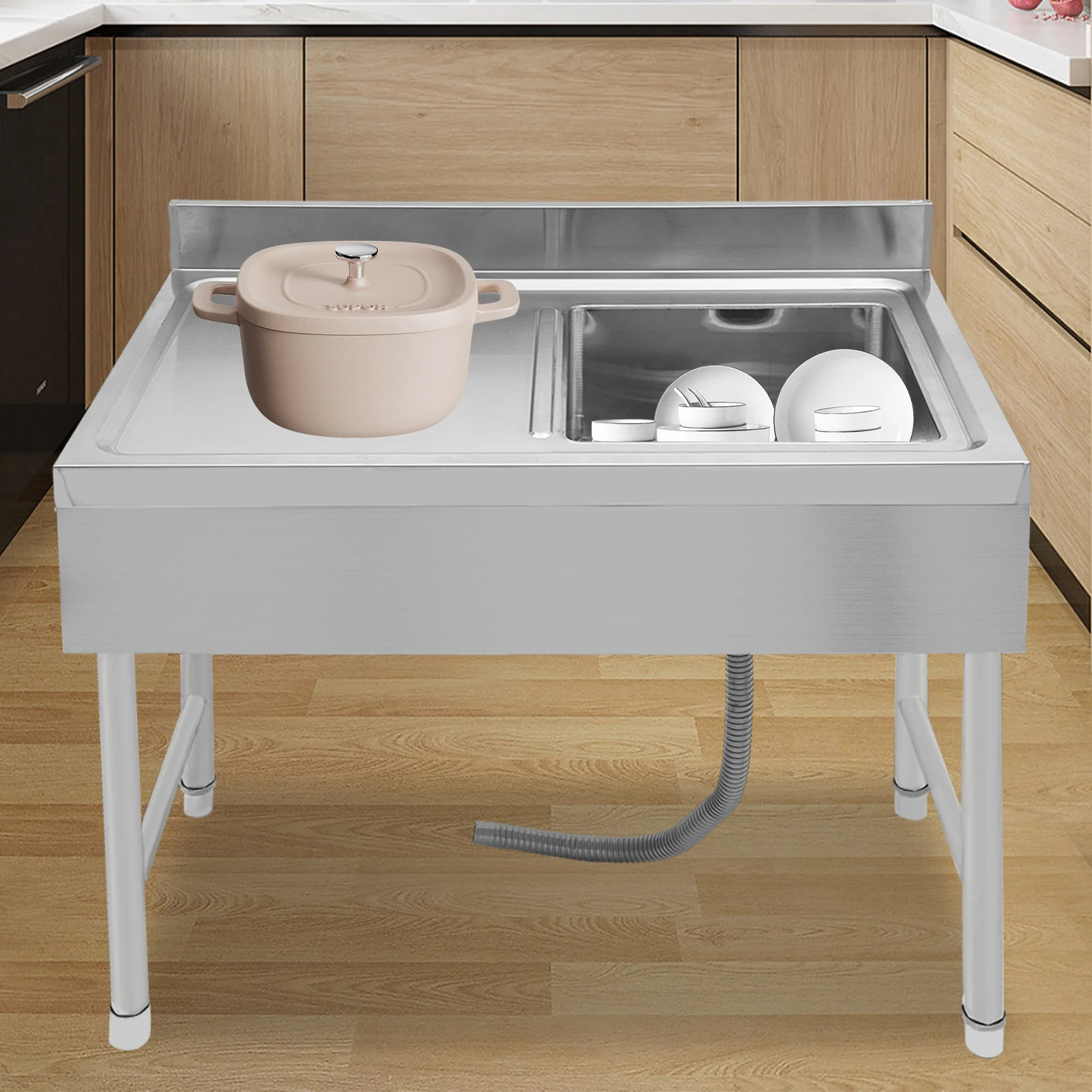 Freestanding Stainless Steel Rectangular Kitchen Sink Silver 100x50x80cm for Commercial Restaurant