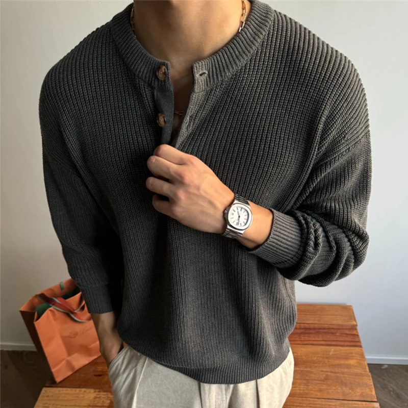 Trendy Mens Henley Collar Knit Pullovers Mens 2025 Spring Fashion Solid Color Buttoned Sweaters For Men Knitwear Casual Jumpers