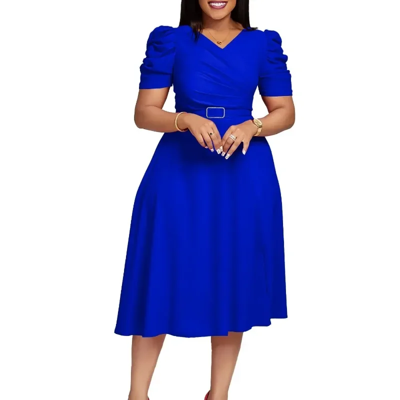 

Women Pleated A Line Dresses V Neck Short Sleeves Classy Elegant Office Modest African Female Church Dress Spring Fashion 2025