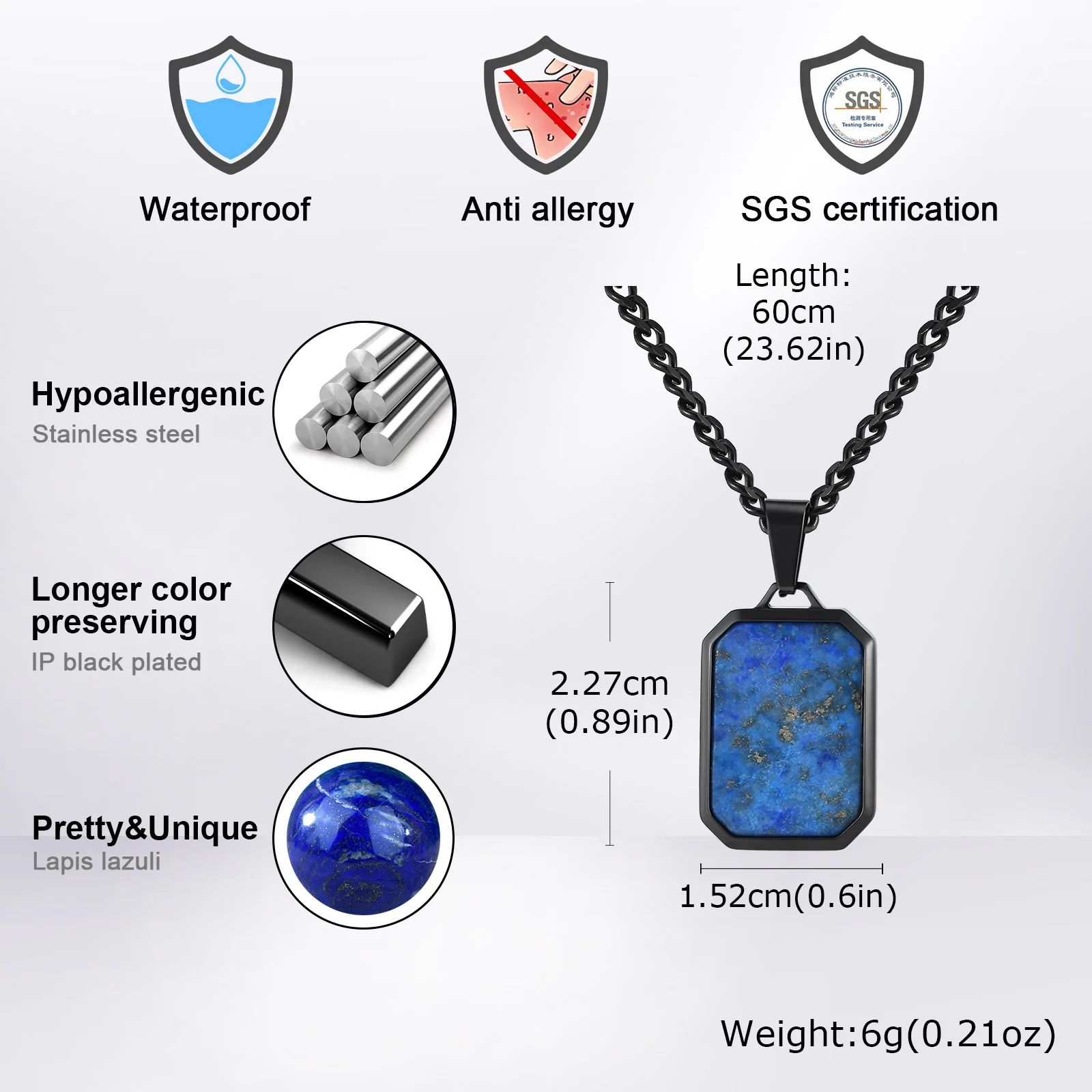 قلادة Vnox مستطيلة من الحجر الأزرق للرجال، إكسسوار مجوهرات كاجوال من الفولاذ المقاوم للصدأ هدية الذكرى السنوية لعيد الأب جديد