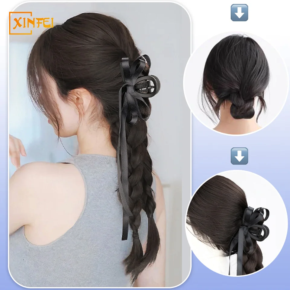 Synthetic Wig Ponytail Women\'s Natural Hair Extension Ribbon Fluffy Grab Clip Type Braided Hair High Ponytail Hairstyle