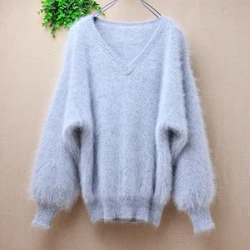 Women Mujer Autumn Winter Clothing Grey Angora Rabbit Hair Knitted V-Neck Long Lantern Sleeves Slim Blouses Pullover Sweater