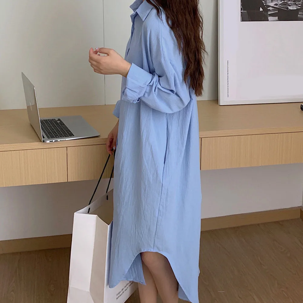 Women Spring Loose Long Sleeve Shirt Dress Fashion Casual Sunscreen Blouse Dress