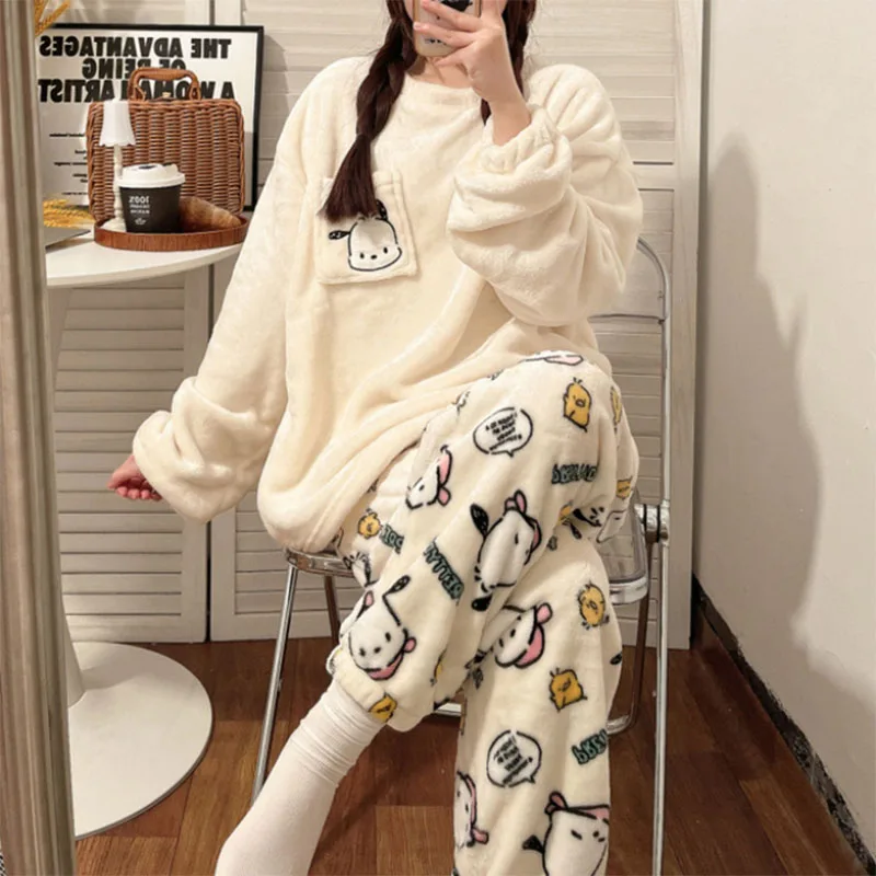 Sanrio Hello Kitty Women Pajamas Winter Long Sleeved Thickened Cartoon Cute Kawaii Two-piece Pajamas Girl Warm Household Clothes