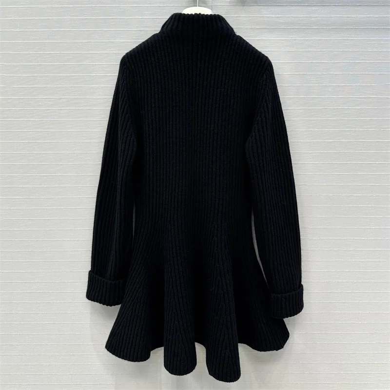 Damenkleider 2025, Winter, neues elastisches Strick-Minikleid, Wollmischung, halbhoher Ausschnitt, kurzes Kleid, halbhoher Ausschnitt, plissiertes Kleid y2k