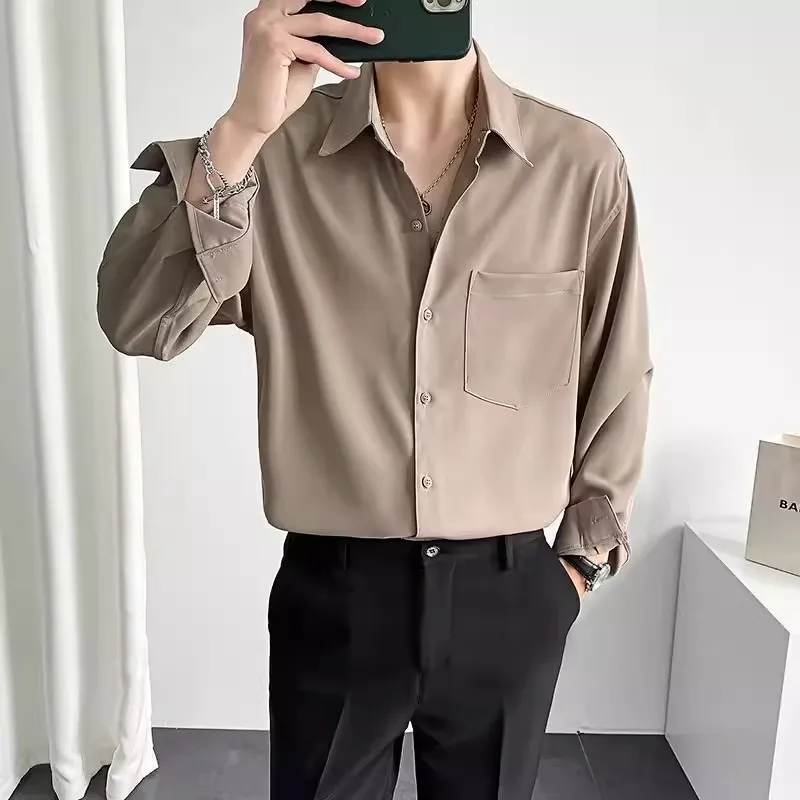 Elegant Anti-Wrinkle Long Sleeve Men's Shirt Casual Loose Drapey Spring Autumn Square Collar Comfortable Polyester Fiber