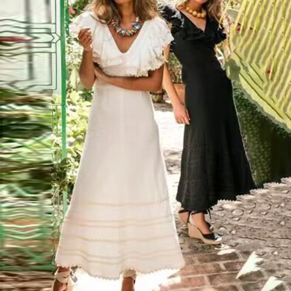 TWOTWINSTYLE Holiday Casual Solid Dresses for Women V Neck Ruffles Sleeve  High Waist Slimming A Line Beach Style Dress Female - AliExpress 200000345