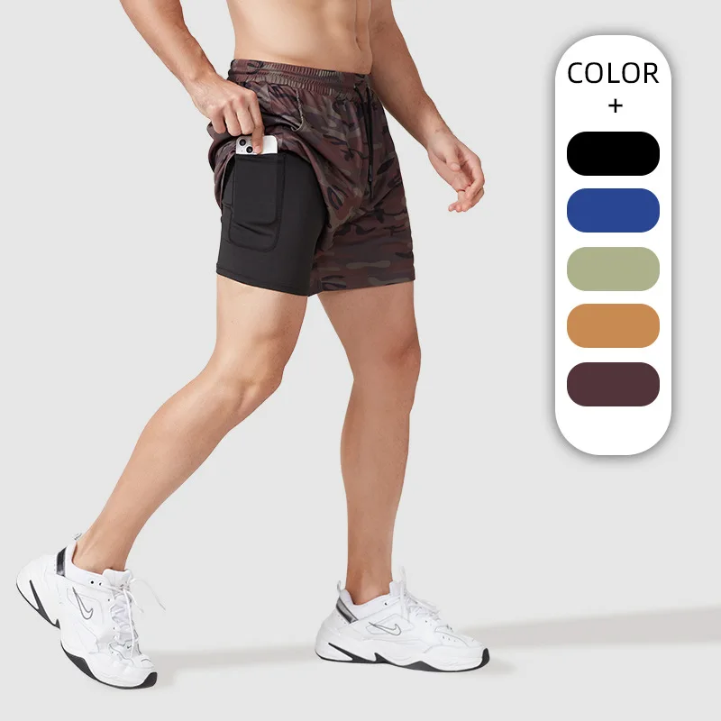 

Camouflage Gym Shorts Double Deck Tights Inner Mesh Soft Sportswear Running Training And Exercise Summer Pants Dry Fit Male New