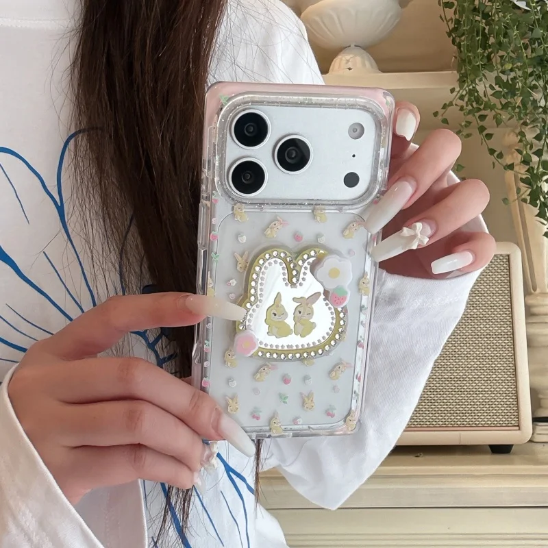 

Korean Cute 3D Diamond Mirror Rabbit Square Phone Case For iPhone 17 Pro 16 15 Pro Max Back Cover Shockproof Cartoon Cases Girl