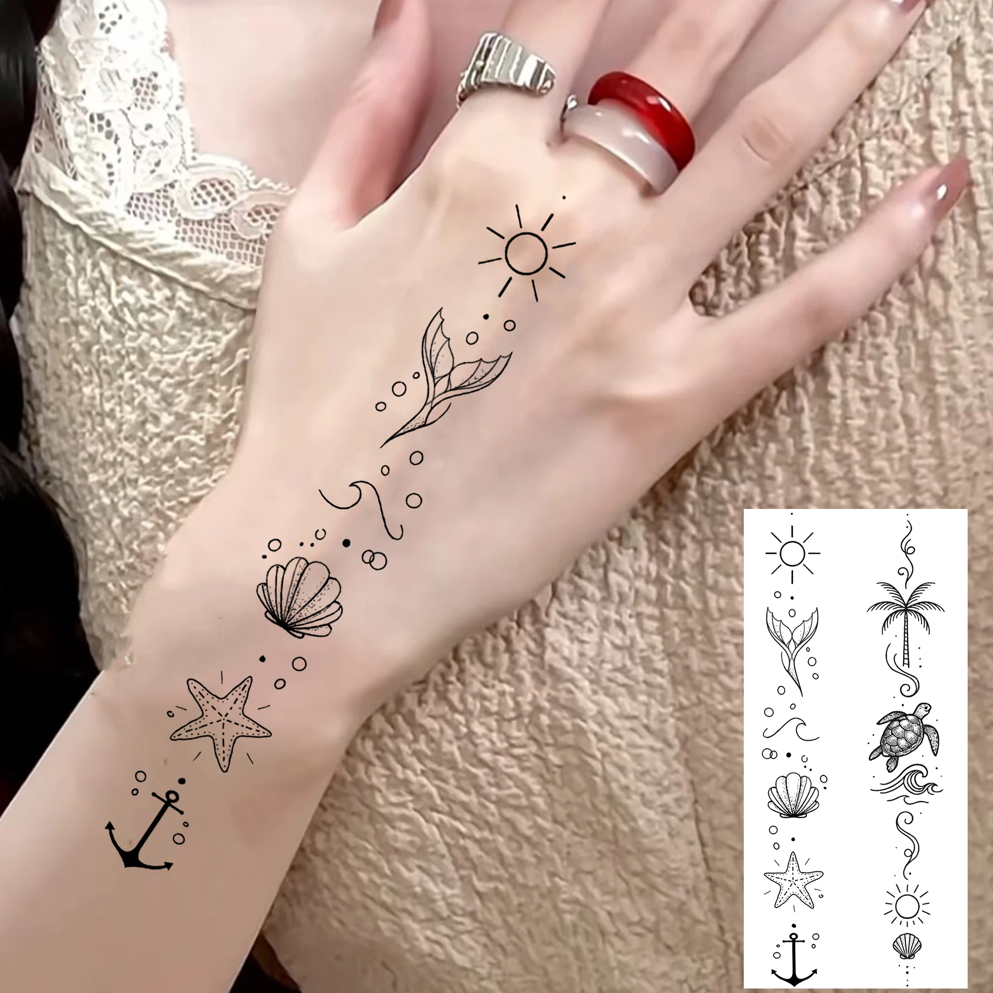 1 Sheet Ocean Turtle Whale Manta Temporary Tattoos For Women Hand Clavicle, Temp Fake Tattoo Stickers Waterproof Realistic Tatoo