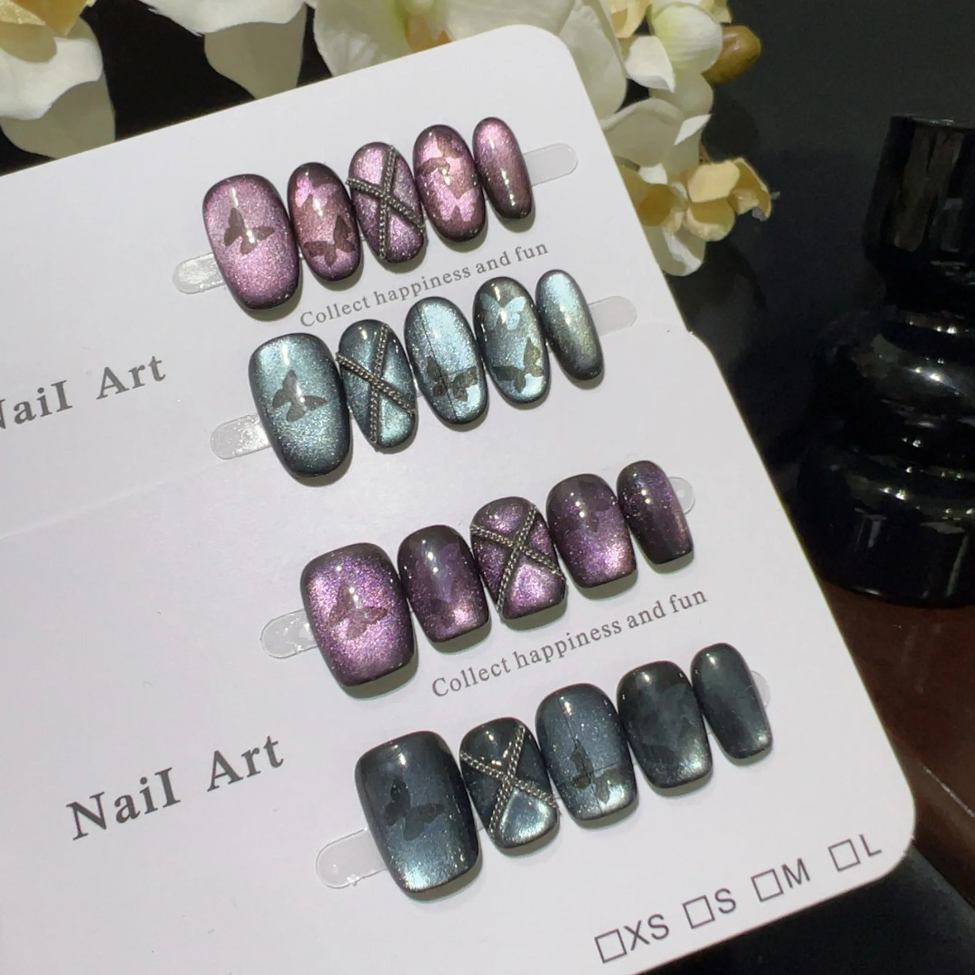 

10PCS Sweet Cool Short Square Handmade Press on Nails Dark Blue Purple Cat Eye Butterfly Pattern Oval Fake Nails Tip Spice Girls