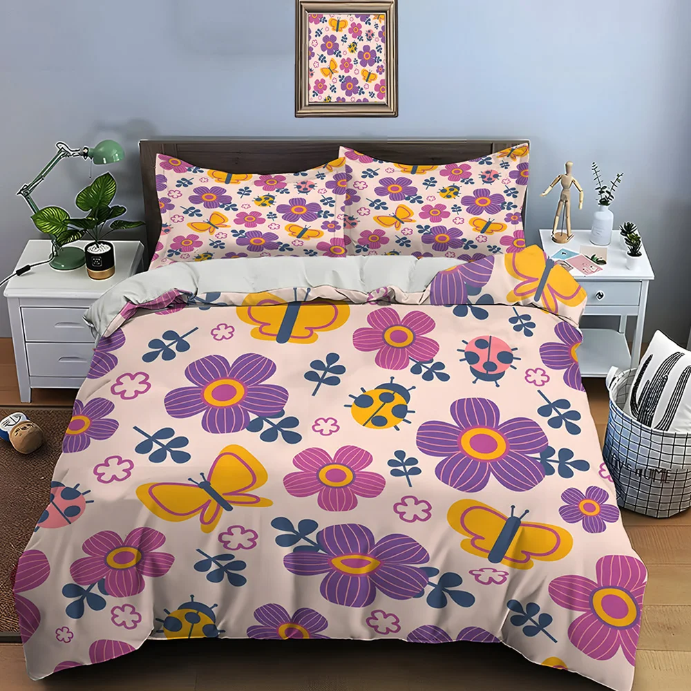 Colorful flowers butterflies beetles Pattern Duvet Cover Set Digital Print Polyester Bedding with Zipper Closur for kids gifts