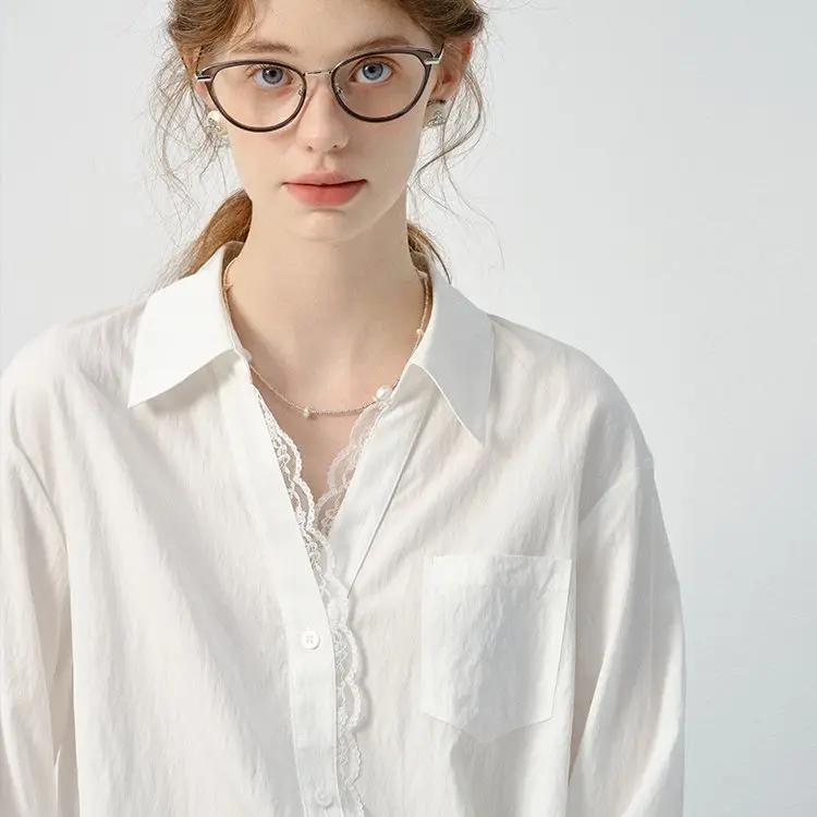 

Cotton White Shirt Women's Long Sleeved Lace Patchwork Design Simple Temperament Versatile Commuting Top Spring