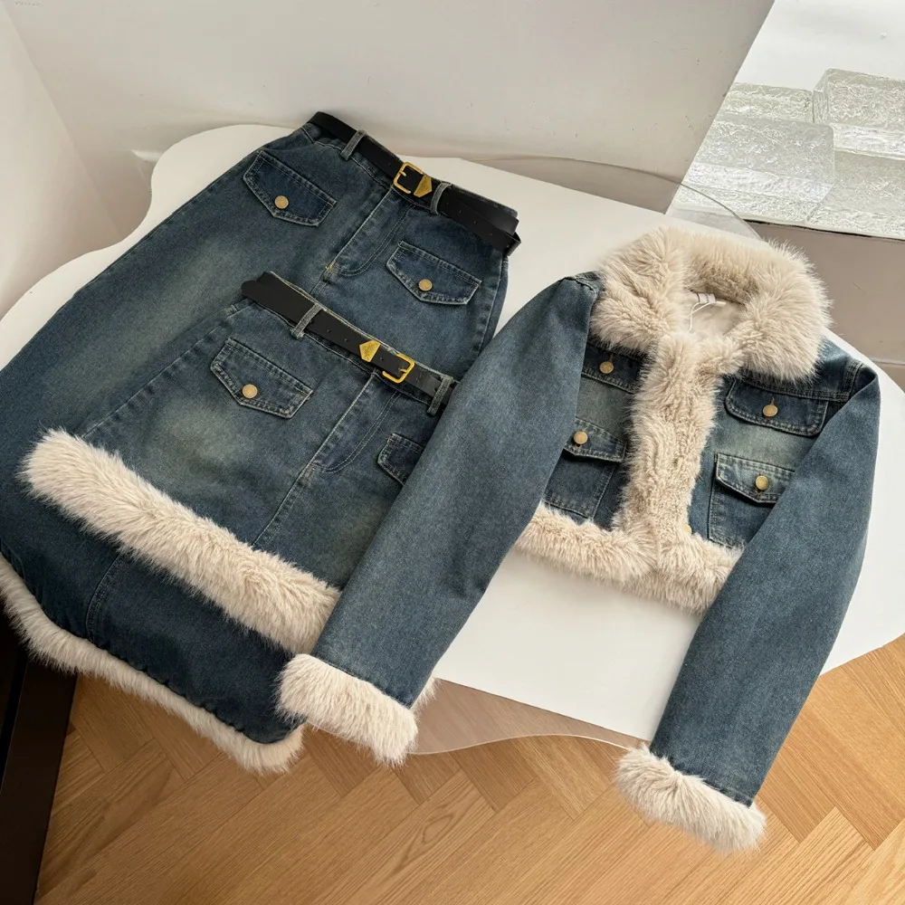 Neploe Advanced Korea Chic Denim Fur Patchwork Set Coat High Waist A-line Bodycon Slim Skirt French Harajuku Commuter Suit Falda