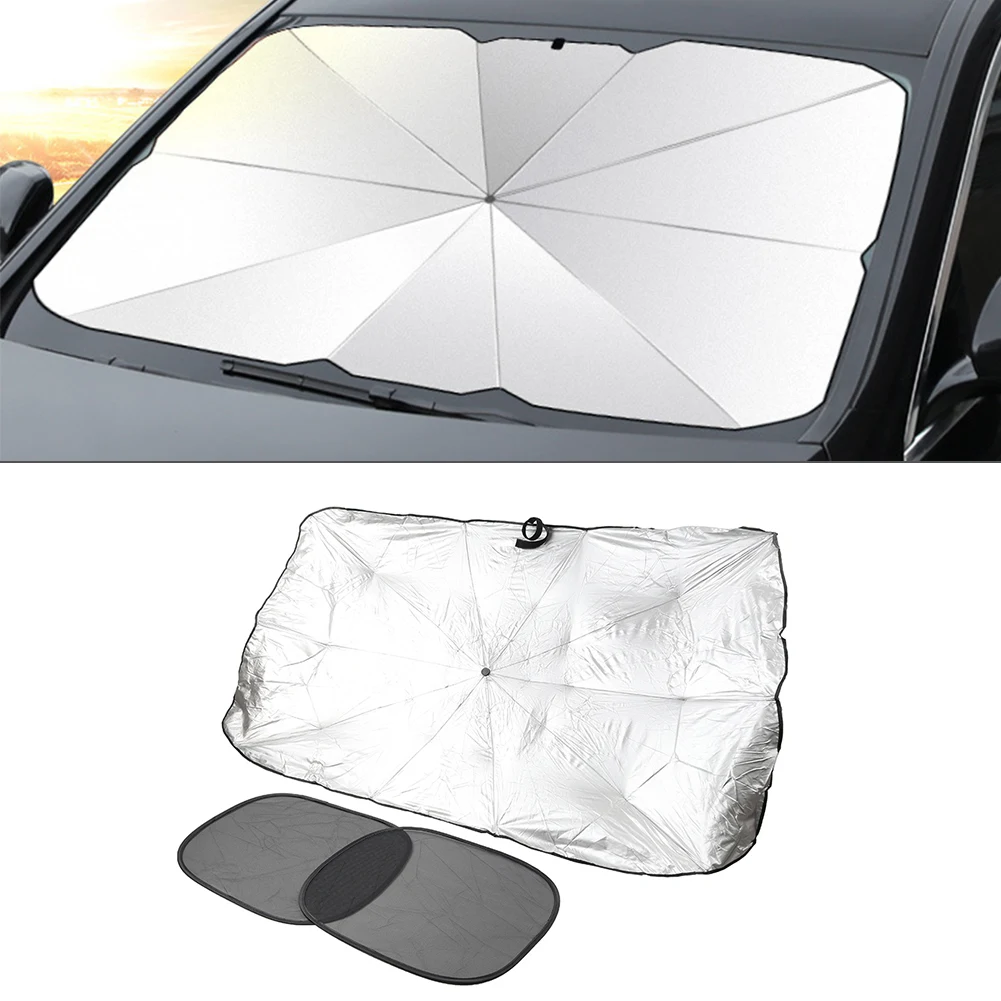 Front Window Cover Sun Shade Foldable Umbrella Car Windshield 3 Pcs Coated Cloth Steel Bone Mesh Fabric Large Silver Black