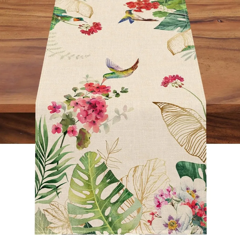 Summer Tropical Hummingbird Palm Leaf Greenery Linen Table Runner Seasonal Bird Home Kitchen Geranium Flowers Dining Table Decor