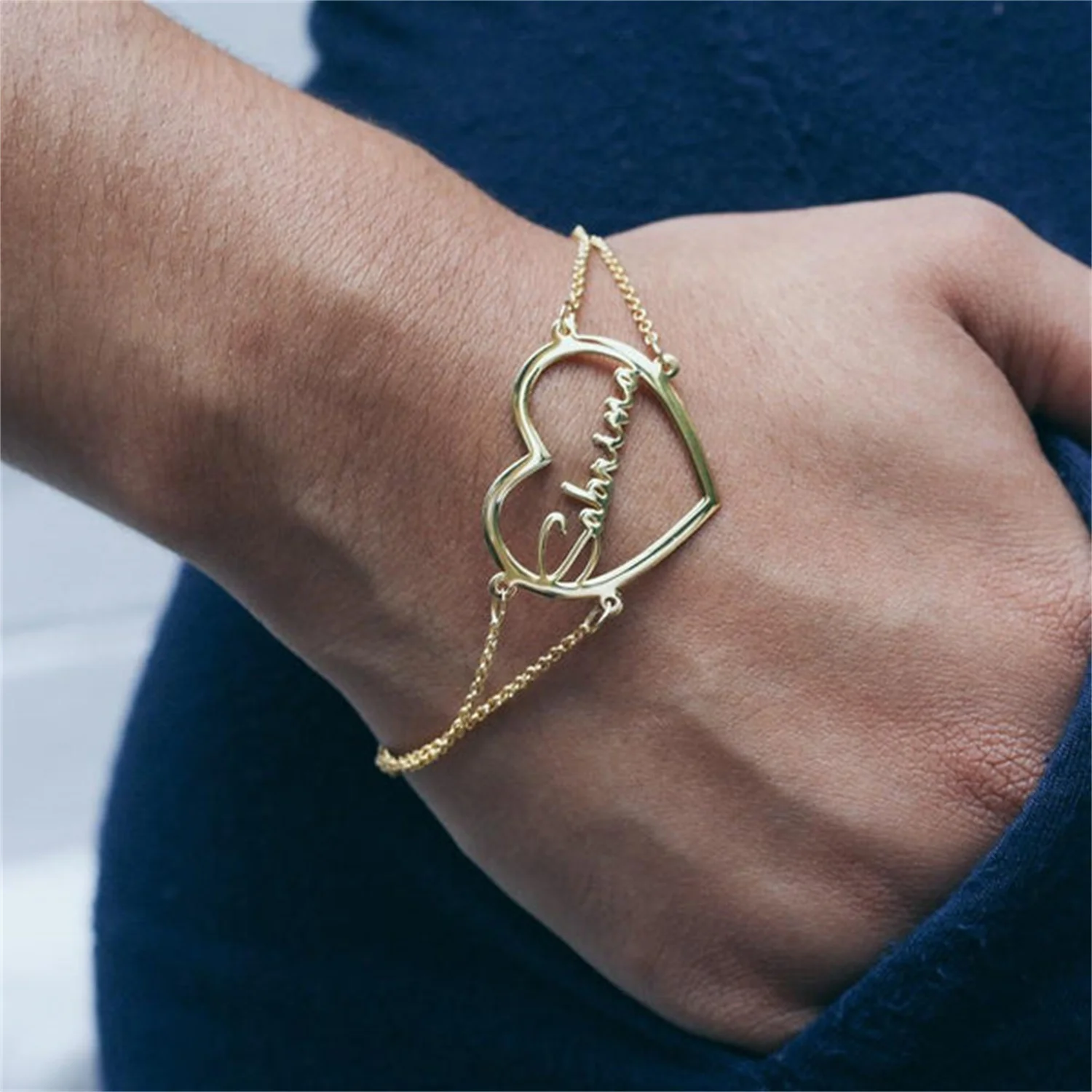 

925 Sterling Silver Heart Nameplate Bracelet Love Custom Name Pendant Double Chain Bracelet Girlfriend Christmas Gift For Women