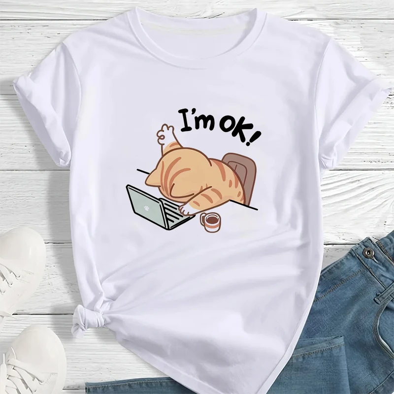 

Kawaii Women's T-Shirts Cute "I'm OK" Cat Graphic T-shirt Casual Round Neck Short Sleeve Tee Streetwear Loose Y2k Clothing Top