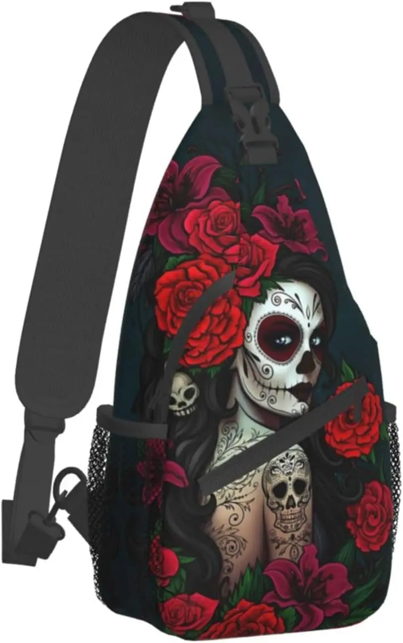 Sugar Skull Rose Crossbody Backpack for Travel Hiking Chest Daypack Shoulder Sling Bag for Men Women Cycling Walking