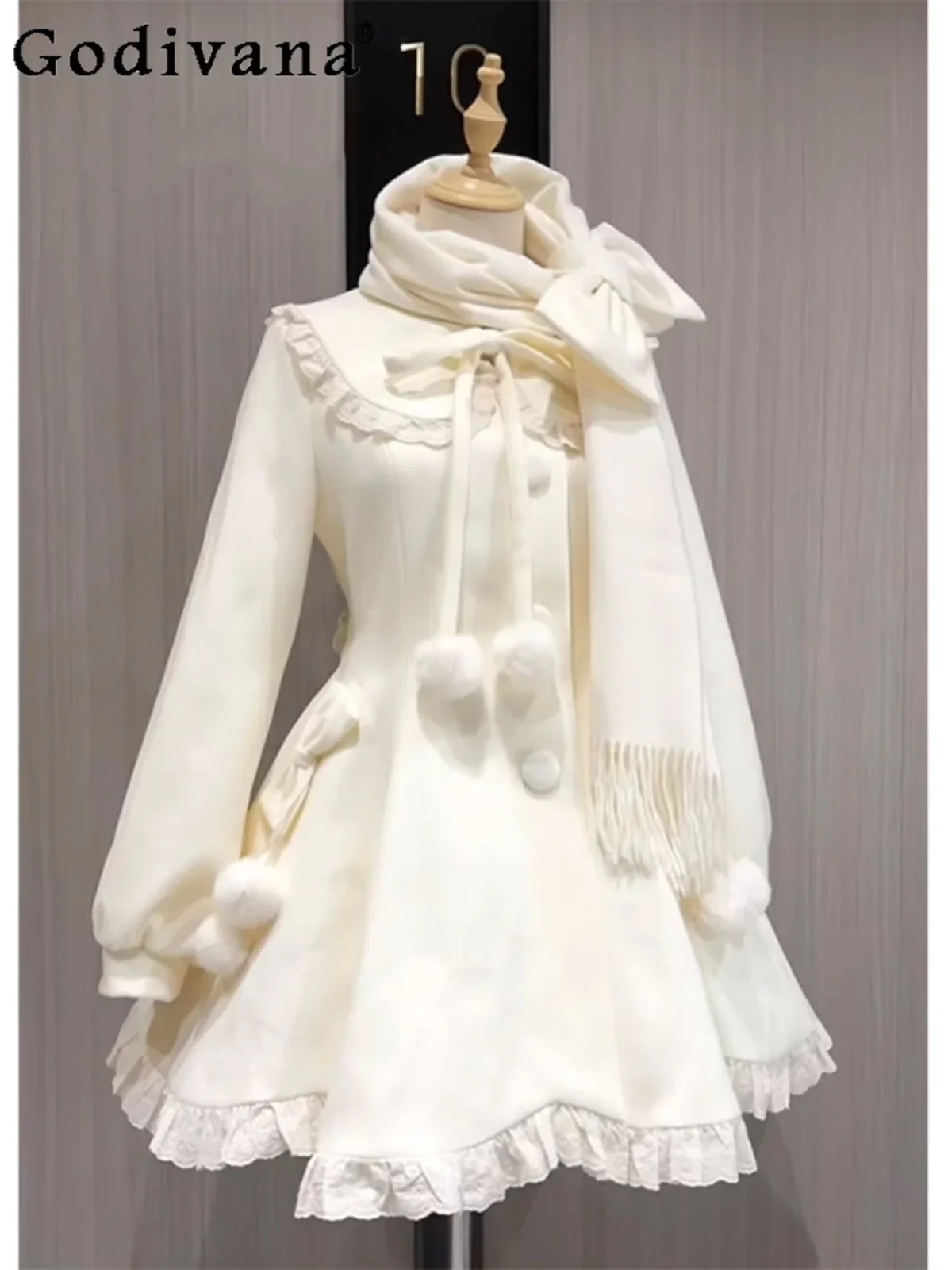 

Winter New Japanese Princess Scarf Gentle Dress Thin Sweet Cute Kawaii Woolen Coat Two-piece Set