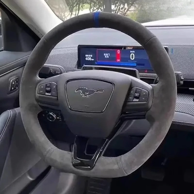 

for Ford Mustang Mach-E 2021-2024 Hand-Stitched Non-Slip suede Customize Car Steering Wheel Cover