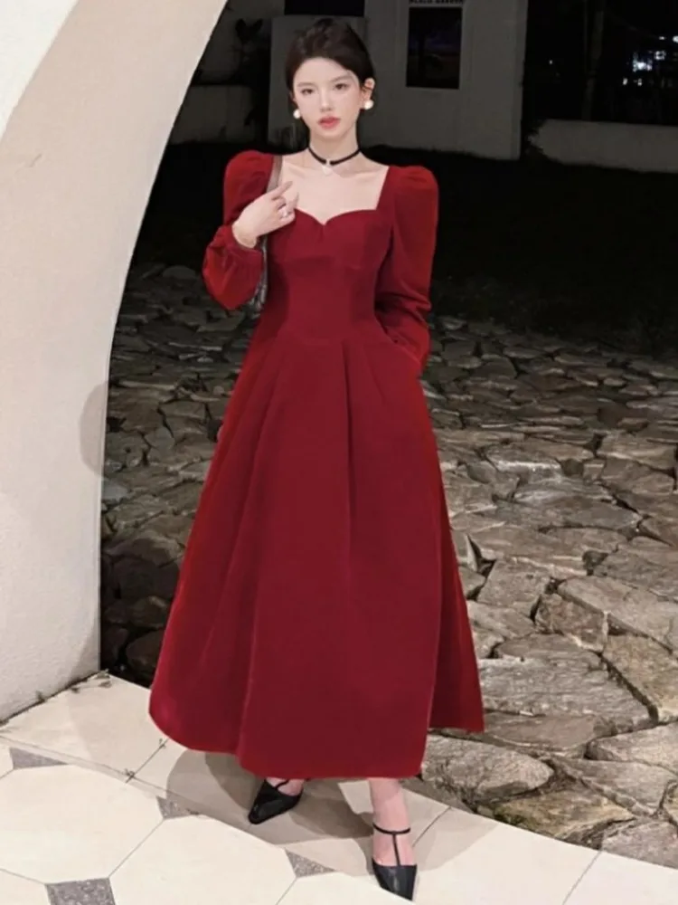 Topanoma Temperament Evening Dresses Women Vintage Square Collar Velvet Banquet Wedding Party Cocktail Birthday Elegant Ladies