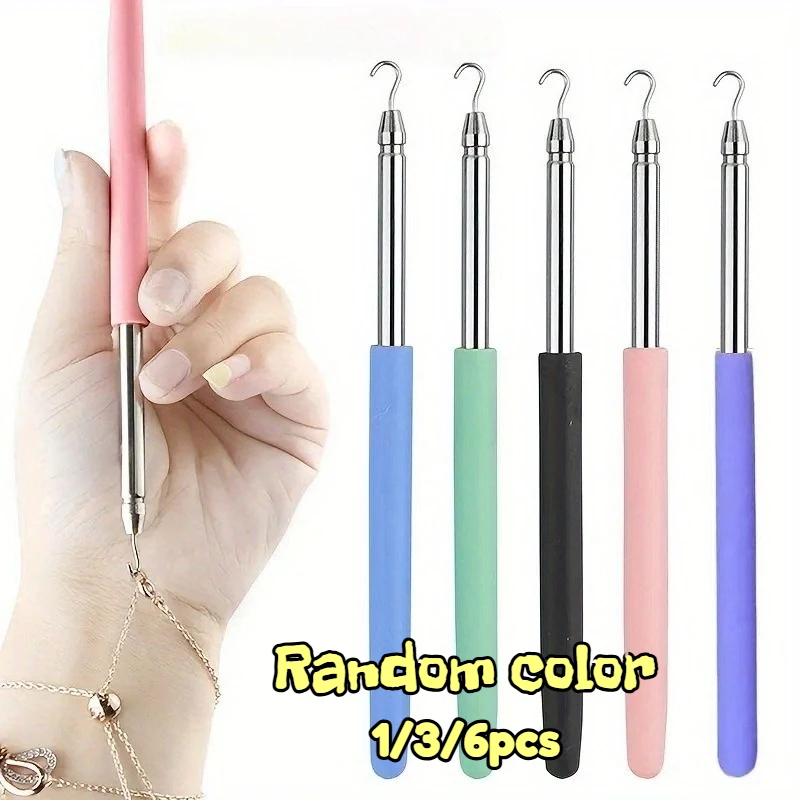 1-6PCS Stainless Steel Jewelry Helper Tool, Retractable Bracelet Necklace Fastening Hook, Soft Rubber Grip Easy Wear Take Off