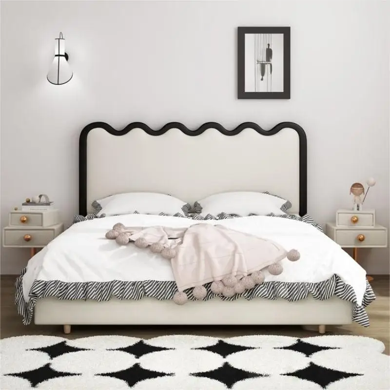 

Cream-style leather bed Ripple bed Modern simple wedding bed 1.8m double French leather bed in the master bedroom