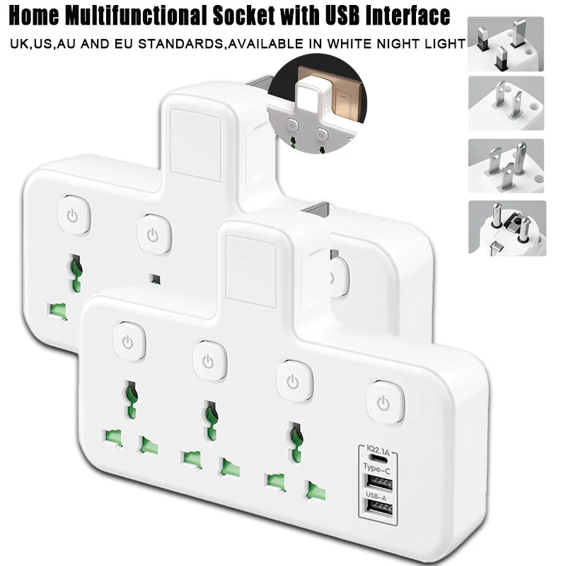 

Универсальный удлинитель с адаптером USB типа C, многоразрядная настенная розетка для дома с ночником для ЕС, Великобритании, США