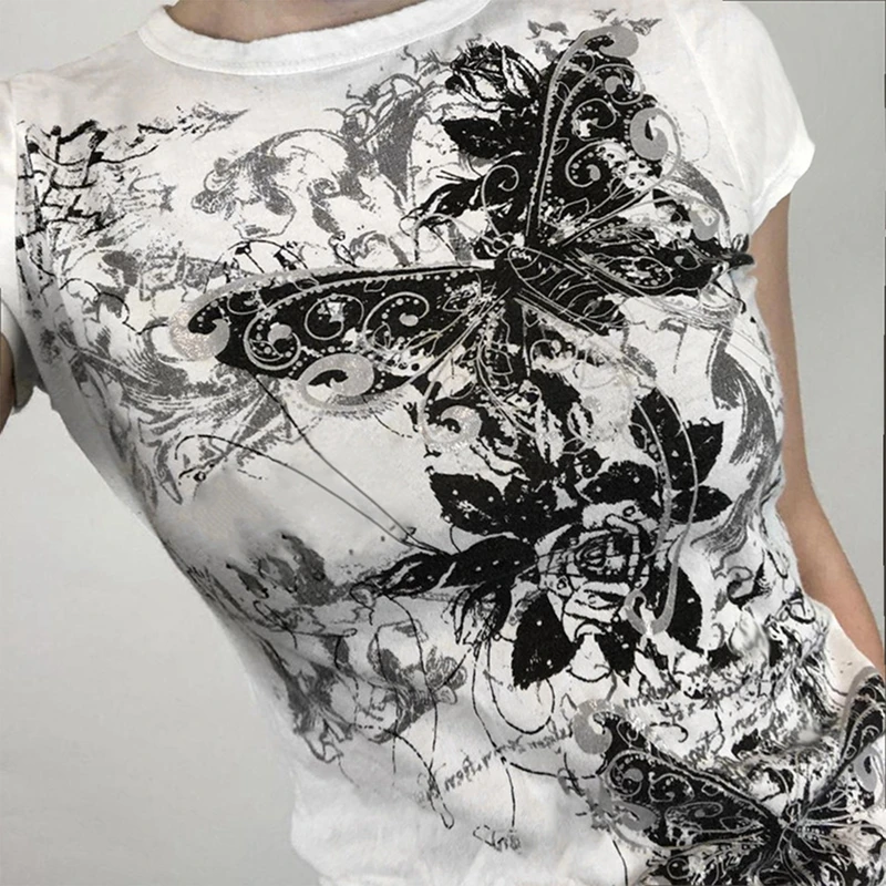 Butterfly Graphic T-shirt E-girl Aesthetic Short Sleeve O Neck Tees Cyber Grunge Mall Goth Crop Tops Women Clothes Y2k Shirt