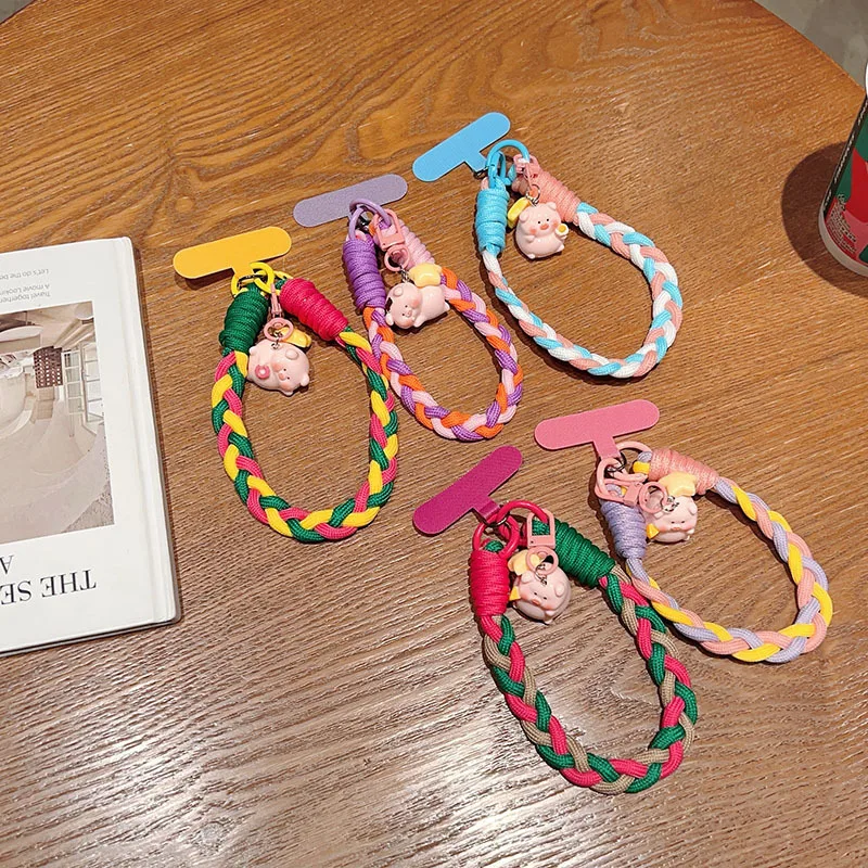 

New Style Colorful Woven Phone Lanyard - Cute Pig Pendant Short Rope, Multi-Use Key Cord&Charm for iPhone, Samsung & All Phones
