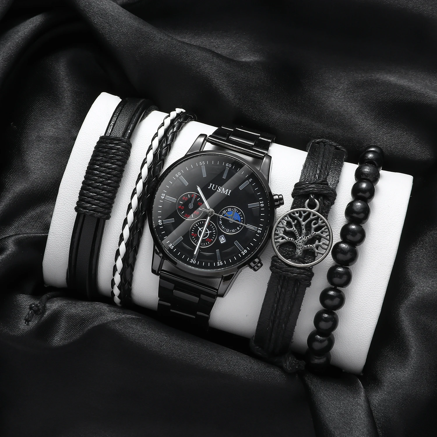 

No gift box New men's watch multi-functional imitation mechanical quartz watch bead string bracelet 5-piece set