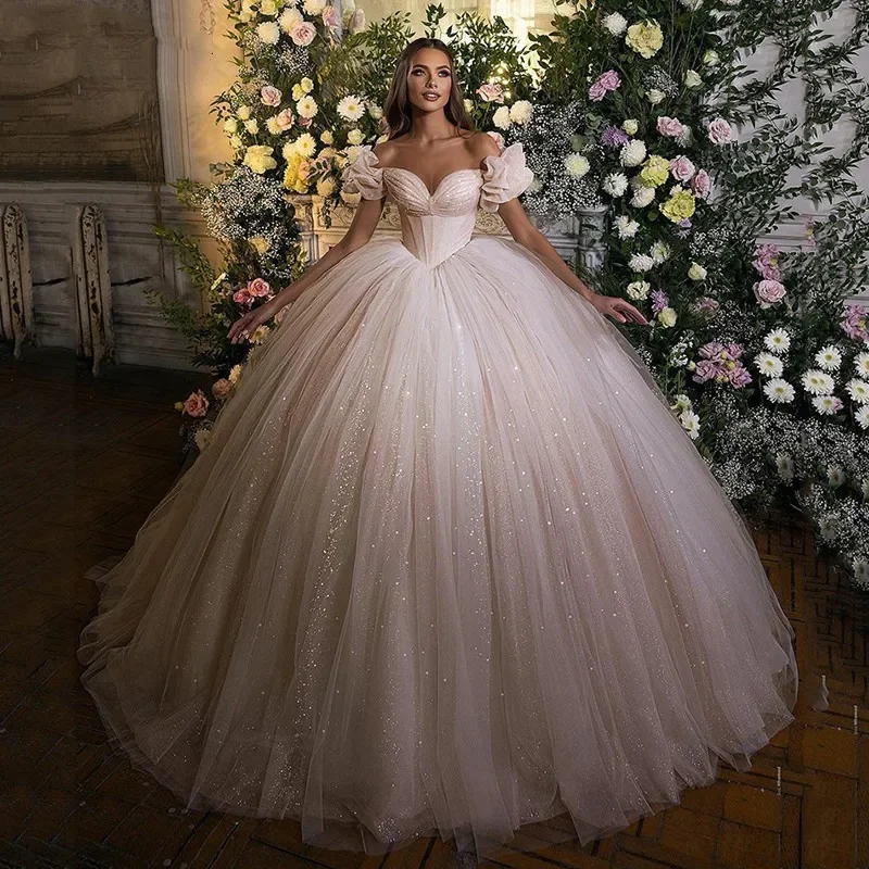 

Customzie Princess Off The Shoulder Wedding Dresses Ruched Sweetheart Ball Gown Tulle Bridal Gowns Robe De Mariee Sweep Train