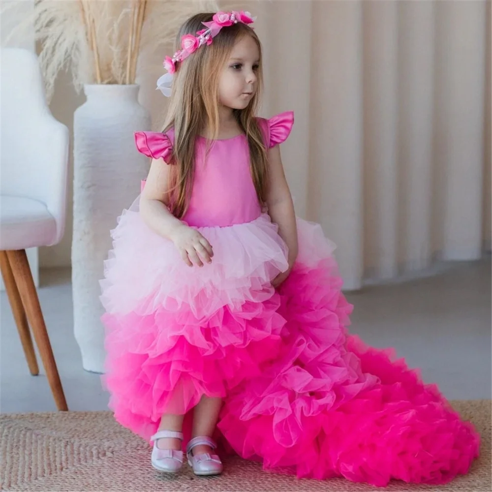 

Lovely Red Angel Flower Girl Dresses Tulle Puffy Bow Hight-Low Skirt For Wedding Kids Birthday GIft First Communion Gowns