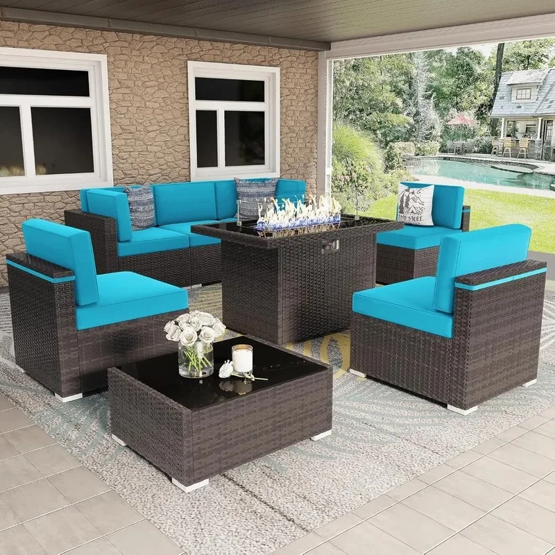 

8-Piece Outdoor Sectional Wicker Furniture Set with 44" Propane Fire Pit Table and Coffee Table