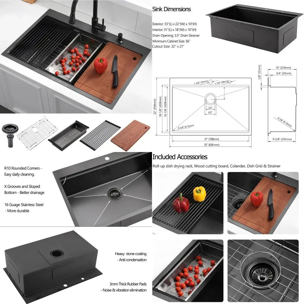 

33 Black Drop-In Workstation Kitchen Sink by Luckyhorse, 33x22 16-Gauge Gunmetal Black Stainless Steel