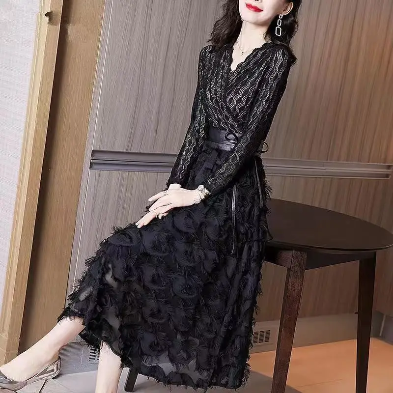 Midi Skirts V-neck Office Lady Solid Color Lace Korean Elegant Dresses Thin Patchwork Intellectual Spring Summer Skinny Graceful