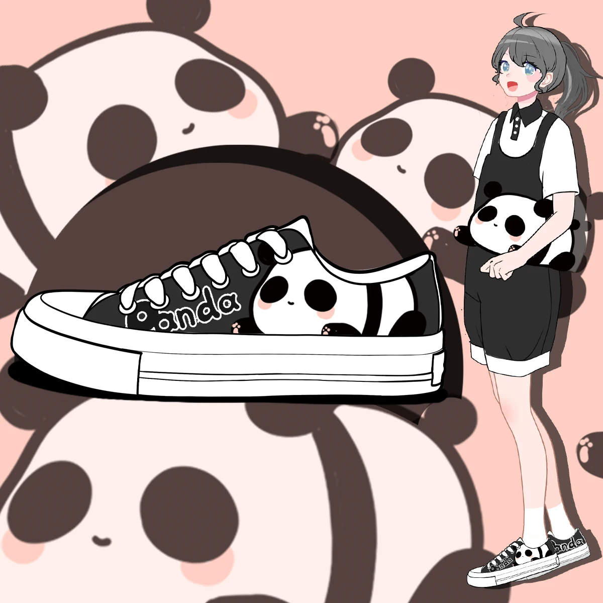 Amy and Michael Lovely Anime Panda Shoes Girls Students Low Top Flat Canvas Shoes Female Casual Sneakers Woman Vulcanize Shoes