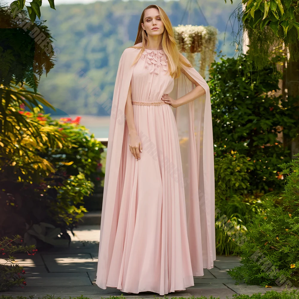 Customized Mother of The Bride Dress Scoop Neck with Cape Applique Beading Belt Plue Size Wedding Guest Dress Party Evening Gown