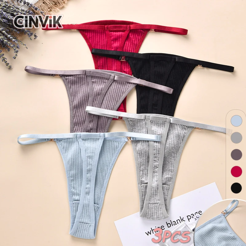 3PCS Cotton Comfortable Tangas Fashion Button Female Underwear Elastic Fitting Thongs Striped Women's Panties Low Waisted T-back